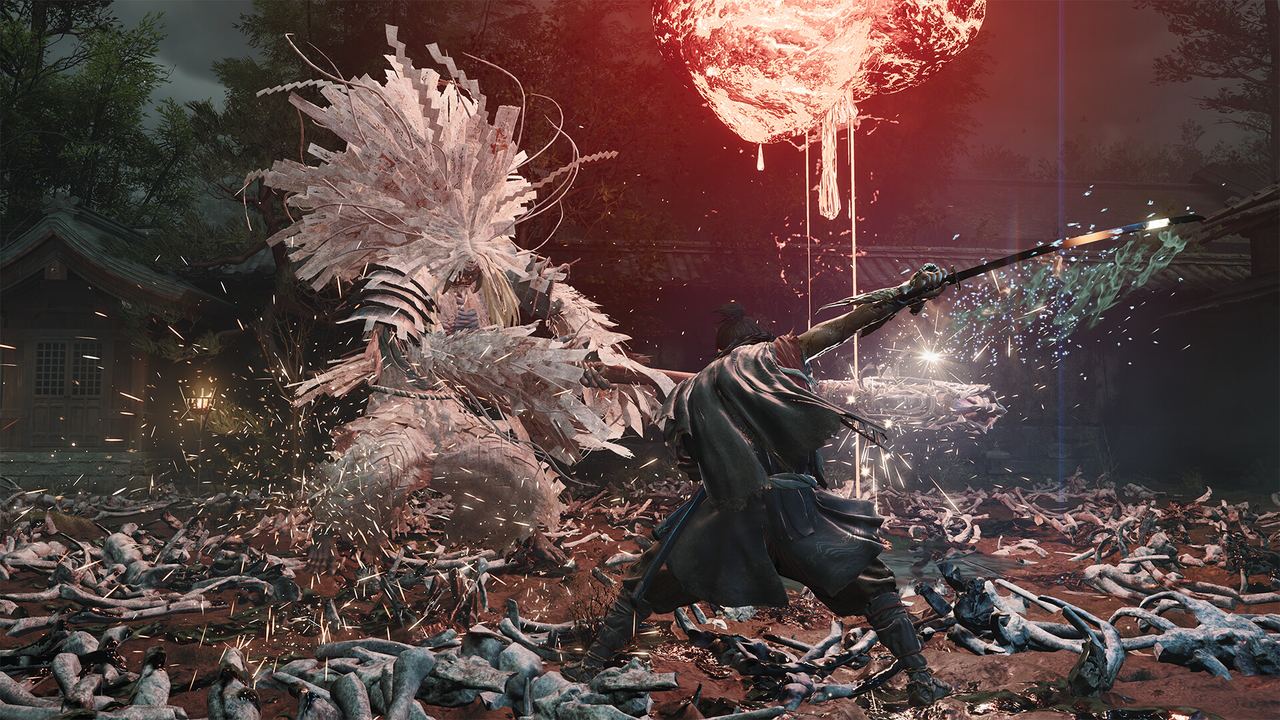 Musashi fighting a large Genma in a bone-strewn Japanese courtyard under a red sky