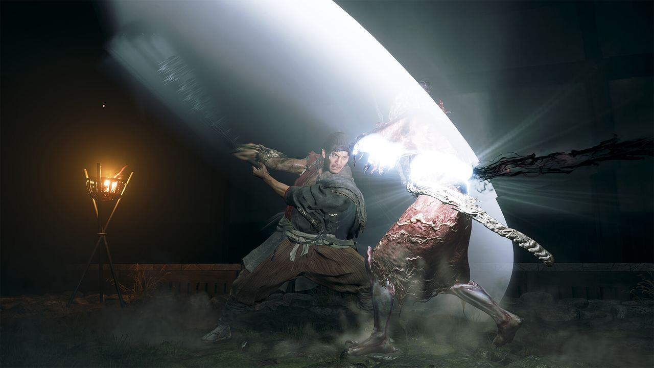 Musashi delivering a wide sword slash against a tentacled demon in a torch-lit courtyard