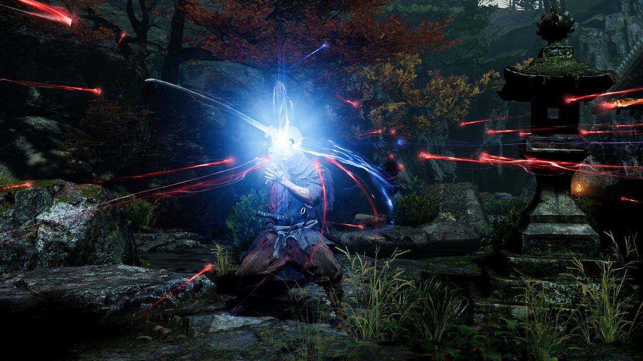 Musashi in a dark forest shrine, katana glowing blue amid red energy streaks